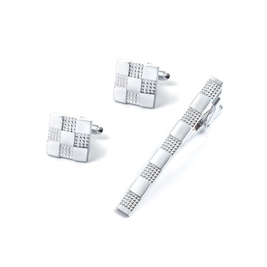 Fashion Simple Checkered Geometric Tie Clip and Cufflinks Set