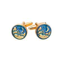 Load image into Gallery viewer, Fashion and Elegant Plated Gold Moon Enamel Blue Geometric Round Cufflinks