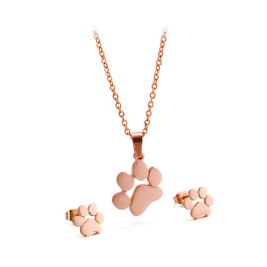 Simple and Cute Plated Rose Gold Dog Paw 316L Stainless Steel Necklace and Stud Earrings Set