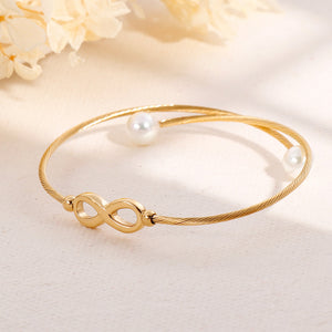 Simple and Elegant Plated Gold Infinity Symbol 316L Stainless Steel Bangle with Imitation Pearls