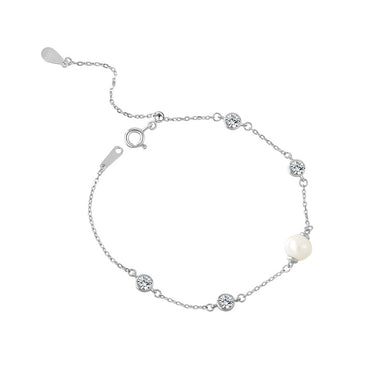 925 Sterling Silver Simple Fashion Geometric Round Freshwater Pearl Bracelet with Cubic Zirconia