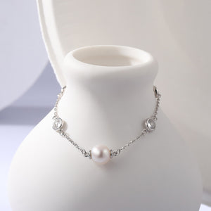 925 Sterling Silver Simple Fashion Geometric Round Freshwater Pearl Bracelet with Cubic Zirconia