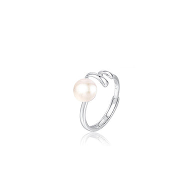 925 Sterling Silver Simple Temperament Geometric Ripple White Freshwater Pearl Adjustable Ring