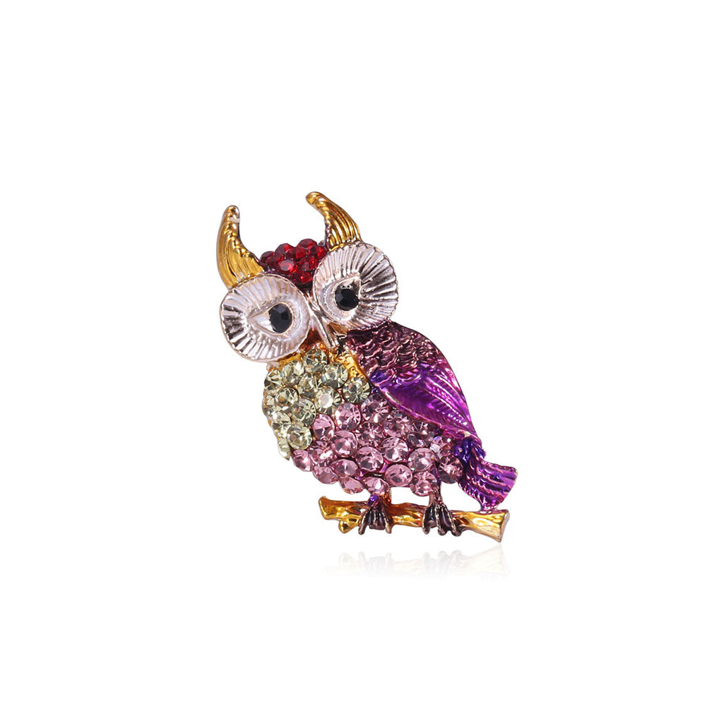Fashion and Cute Plated Gold Owl Brooch with Colorful Cubic Zirconia