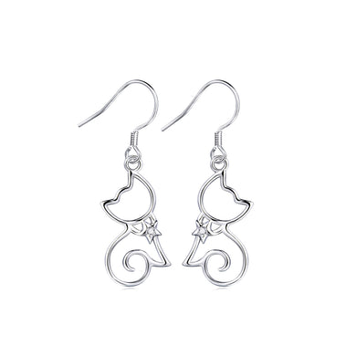 925 Sterling Silver Simple Cute Cat Earrings with Cubic Zirconia