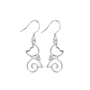 925 Sterling Silver Simple Cute Cat Earrings with Cubic Zirconia