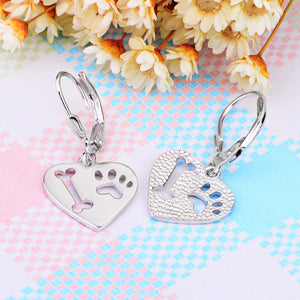 925 Sterling Silver Fashion Cute Dog Footprint Bone Heart Earrings