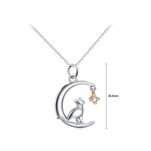 925 Sterling Silver Fashion Simple Moon Cat Pendant with Cubic Zirconia and Necklace