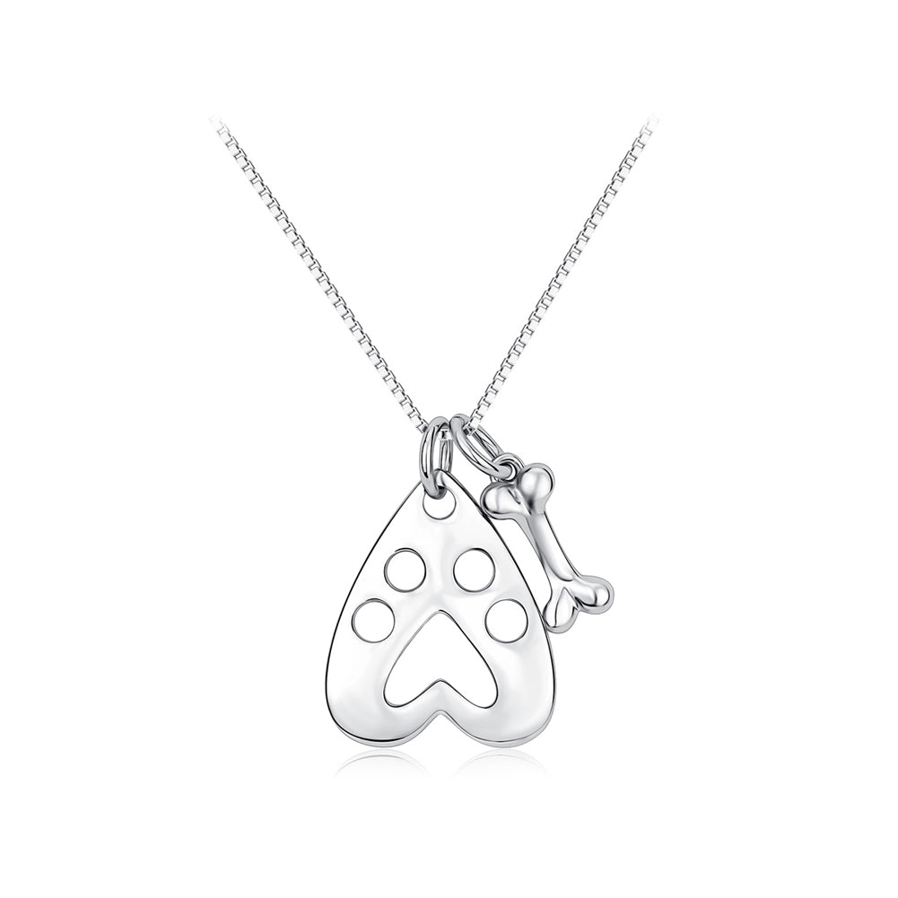 925 Sterling Silver Simple Cute Dog Footprint Heart Shaped Bone Pendant with Necklace