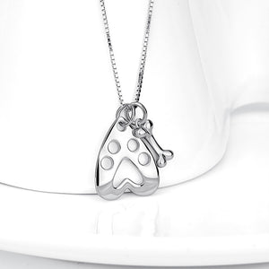 925 Sterling Silver Simple Cute Dog Footprint Heart Shaped Bone Pendant with Necklace
