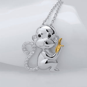 925 Sterling Silver Fashion Cute Monkey Pendant with Cubic Zirconia and Necklace