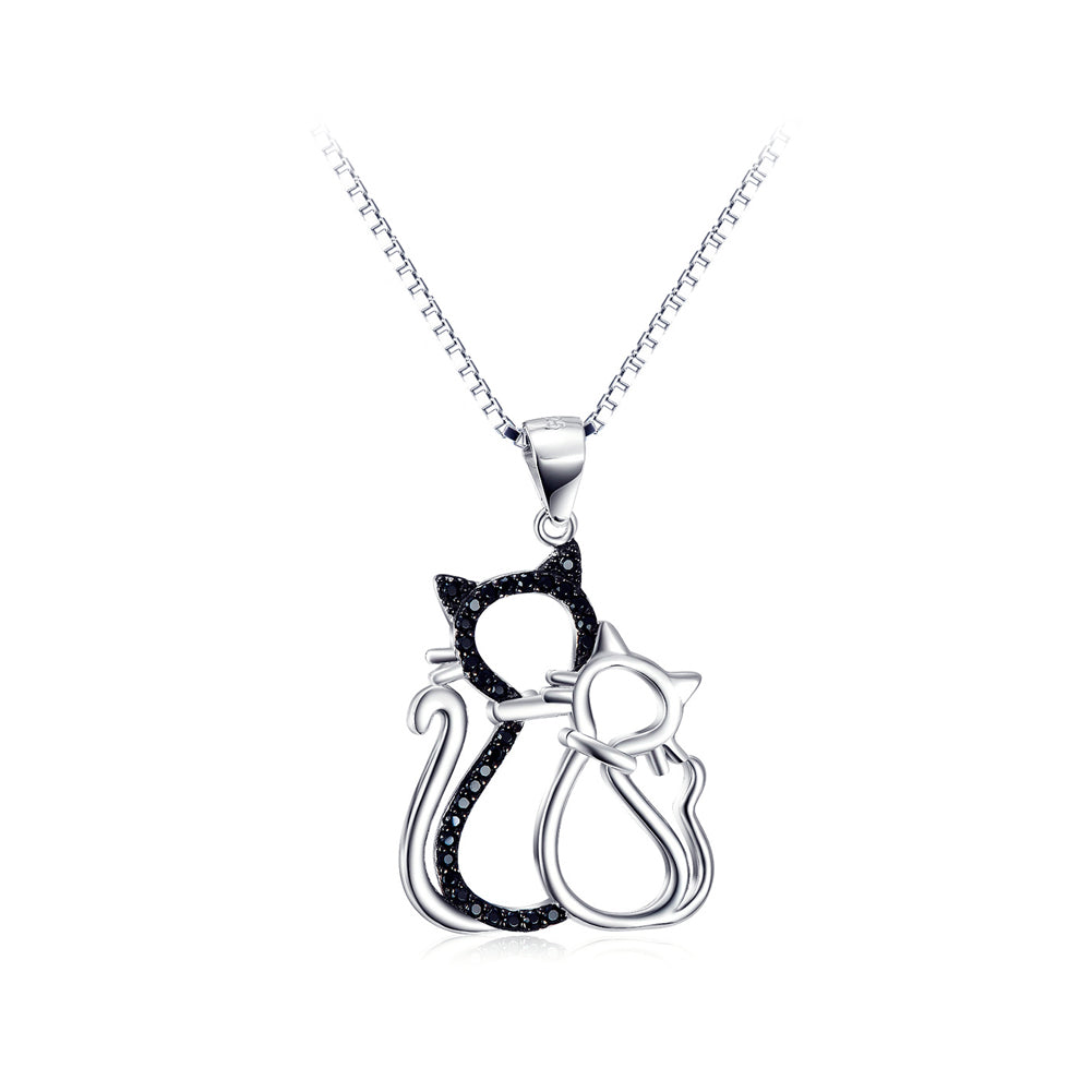 925 Sterling Silver Simple Cute Cat Pendant with Cubic Zirconia and Necklace