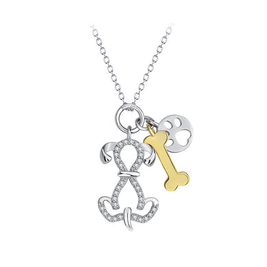 925 Sterling Silver Fashion Cute Golden Bone Dog Pendant with Cubic Zirconia and Necklace