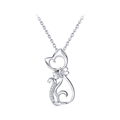 925 Sterling Silver Simple and Cute Cat Pendant with Cubic Zirconia and Necklace