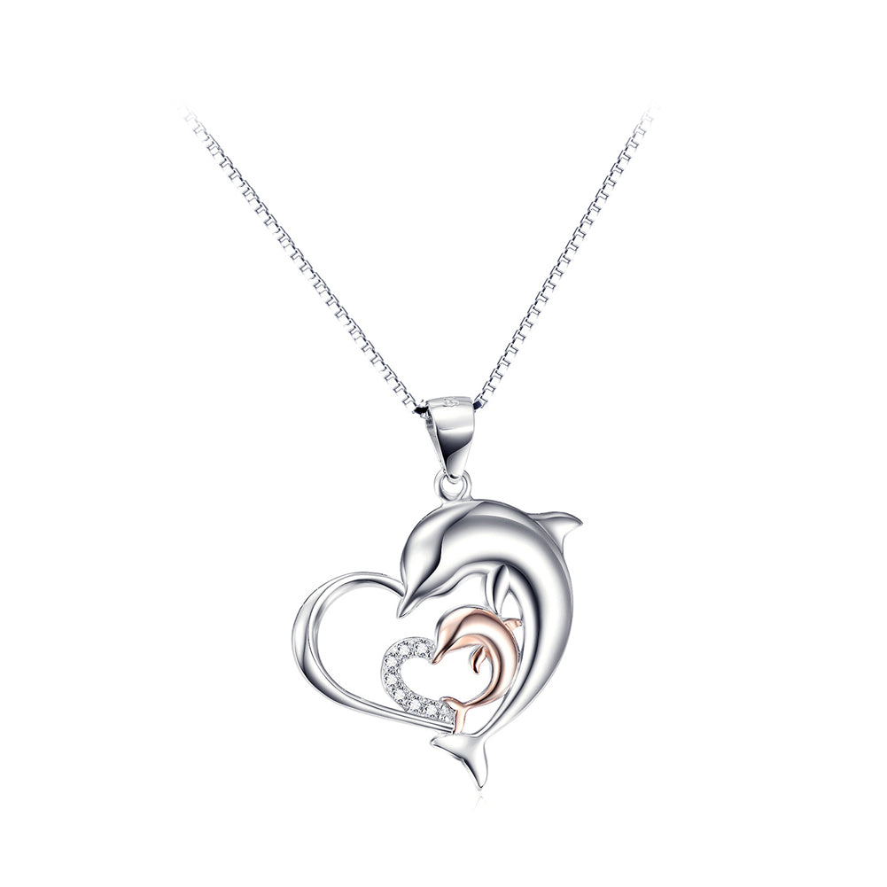 925 Sterling Silver Fashion and Elegant Dolphin Mother and Child Heart Pendant with Cubic Zirconia and Necklace