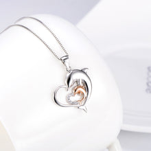 Load image into Gallery viewer, 925 Sterling Silver Fashion and Elegant Dolphin Mother and Child Heart Pendant with Cubic Zirconia and Necklace