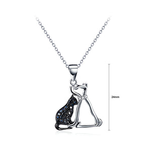 925 Sterling Silver Simple and Cute Double Cat Pendant with Cubic Zirconia and Necklace