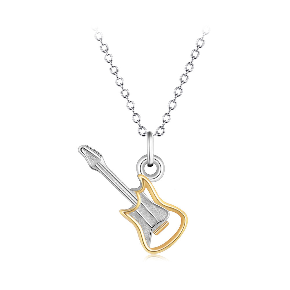 925 Sterling Silver Fashion Creative Two-tone Electric Guitar Pendant with Necklace