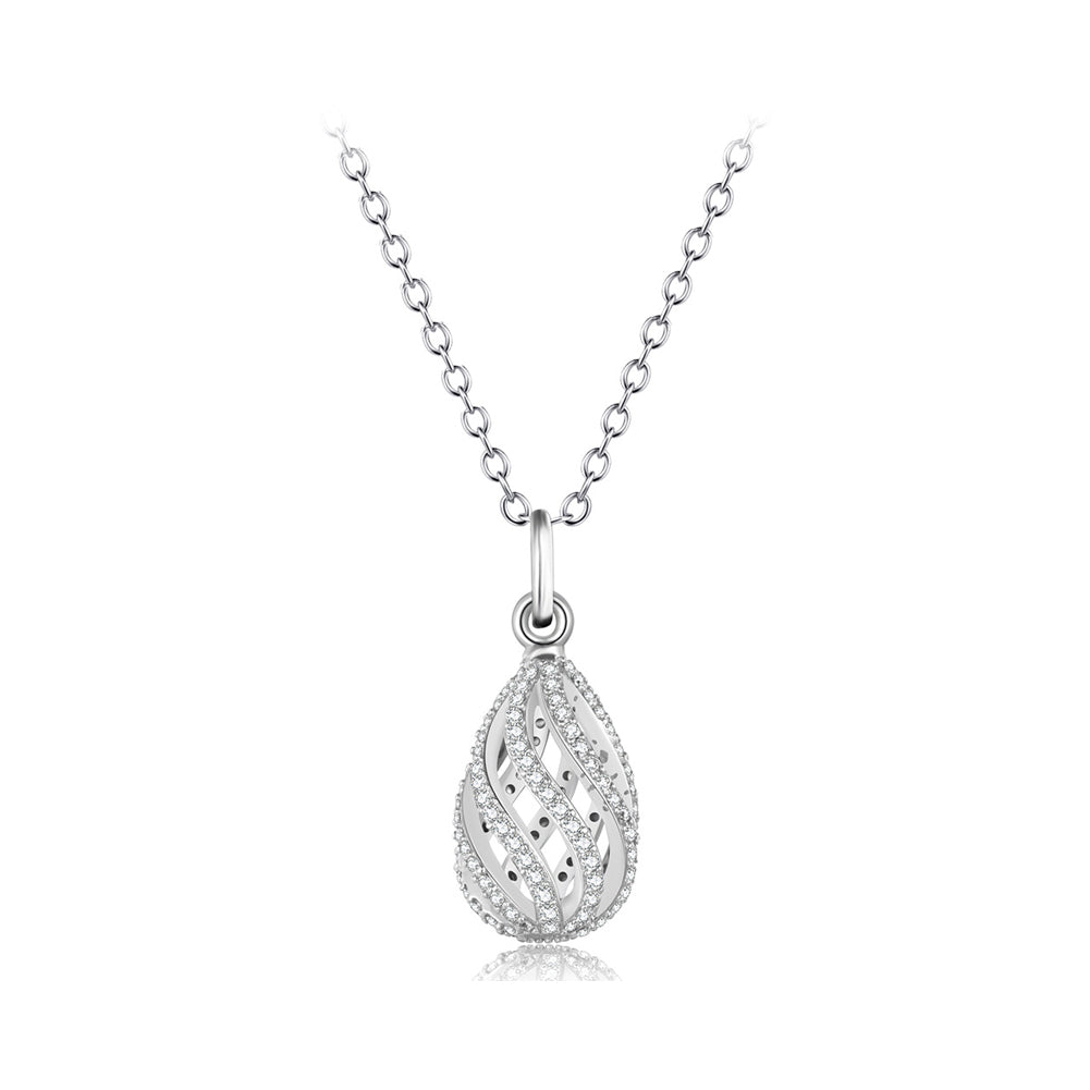 925 Sterling Silver Fashion and Elegant Hollow Water Drop Shaped Cage Pendant with Cubic Zirconia and Necklace