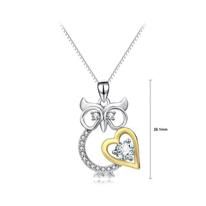 925 Sterling Silver Simple and Cute Owl Golden Heart Pendant with Cubic Zirconia and Necklace