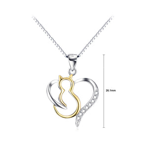 925 Sterling Silver Simple and Cute Golden Cat Heart Pendant with Cubic Zirconia and Necklace