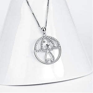 925 Sterling Silver Simple Cute Dog Geometric Round Pendant with Cubic Zirconia and Necklace