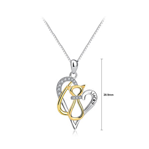 925 Sterling Silver Simple and Cute Golden Cat Heart Pendant with Cubic Zirconia and Necklace