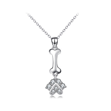 925 Sterling Silver Simple Cute Dog Paw Bone Pendant with Cubic Zirconia and Necklace