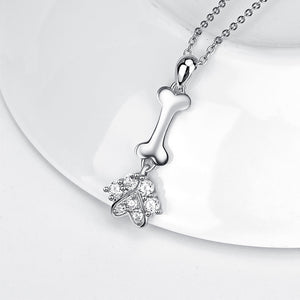 925 Sterling Silver Simple Cute Dog Paw Bone Pendant with Cubic Zirconia and Necklace
