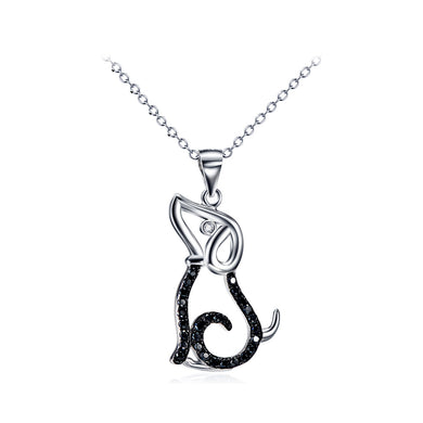925 Sterling Silver Simple Cute Dog Pendant with Black Cubic Zirconia and Necklace