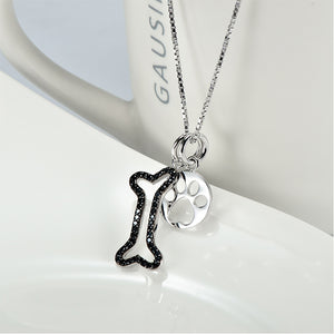 925 Sterling Silver Simple Cute Dog Paw Print Bone Pendant with Cubic Zirconia and Necklace