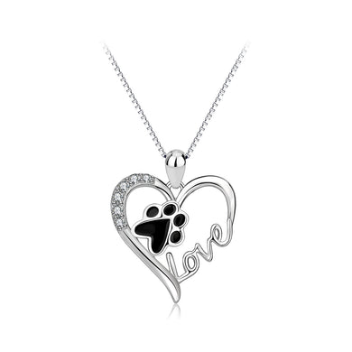 925 Sterling Silver Fashion Creative Dog Paw Print Love Heart Pendant with Cubic Zirconia and Necklace