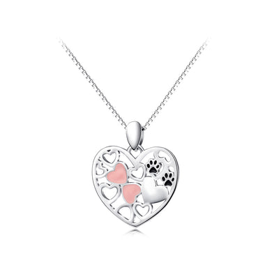 925 Sterling Silver Simple Cute Dog Paw Print Hollow Heart Pendant with Necklace