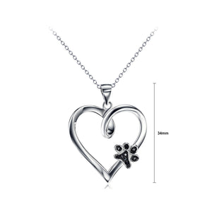 925 Sterling Silver Simple and Cute Dog Paw Print Heart Pendant with Black Cubic Zirconia and Necklace