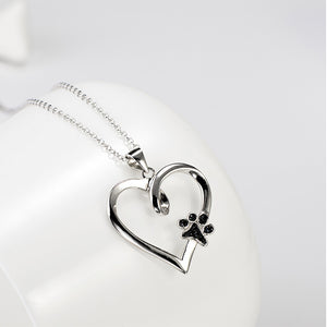 925 Sterling Silver Simple and Cute Dog Paw Print Heart Pendant with Black Cubic Zirconia and Necklace
