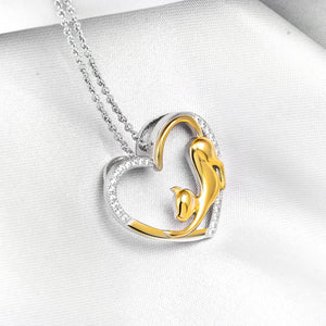 925 Sterling Silver Fashion Cute Golden Cat Heart Pendant with Cubic Zirconia and Necklace