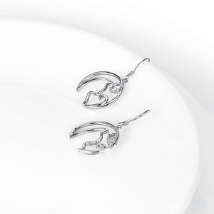 925 Sterling Silver Simple Cute Moon Cat Earrings with Cubic Zirconia