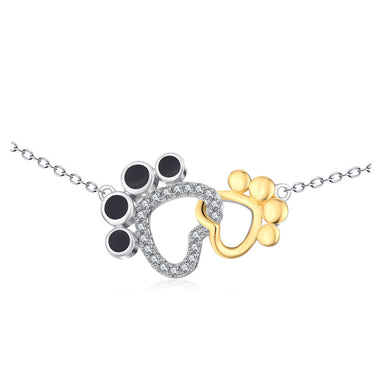 925 Sterling Silver Fashion Cute Two-tone Dog Paw Print Pendant with Cubic Zirconia and Necklace