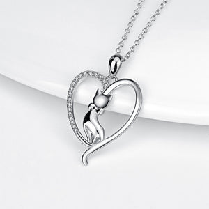 925 Sterling Silver Fashion Simple Heart Cat Pendant with Cubic Zirconia and Necklace
