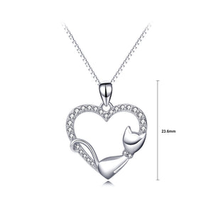 925 Sterling Silver Simple and Cute Cat Heart Pendant with Cubic Zirconia and Necklace