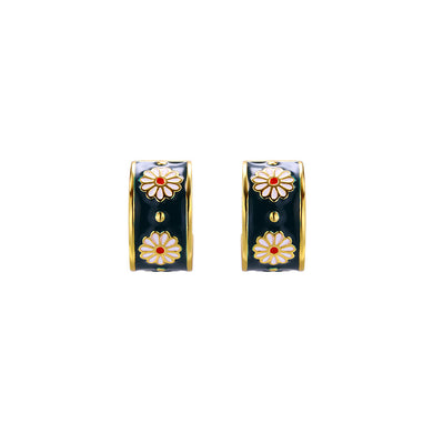 Vintage Elegant Plated Gold Enamel Small Daisy Geometric Round Stud Earrings