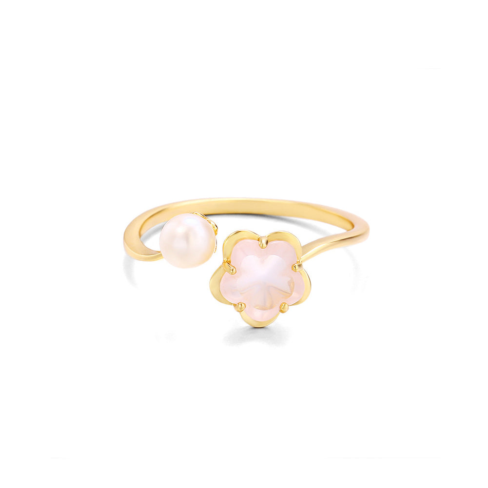 925 Sterling Silver Plated Gold Fashion and Elegant Cherry Blossom Freshwater Pearl Adjustable Ring with Cubic Zirconia