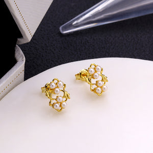 925 Sterling Silver Plated Gold Fashion and Elegant Leaf Freshwater Pearl Stud Earrings