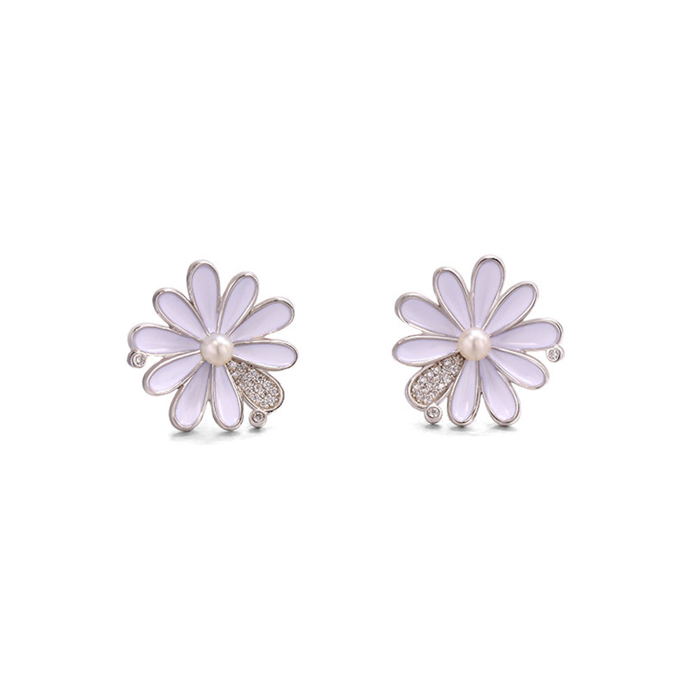 925 Sterling Silver Fashion and Elegant Daisy Freshwater Pearl Stud Earrings with Cubic Zirconia