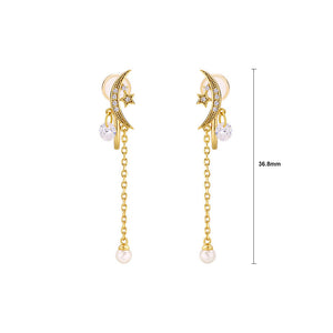 925 Sterling Silver Plated Gold Simple Creative Moon Star Tassel Freshwater Pearl Ear Clip with Cubic Zirconia