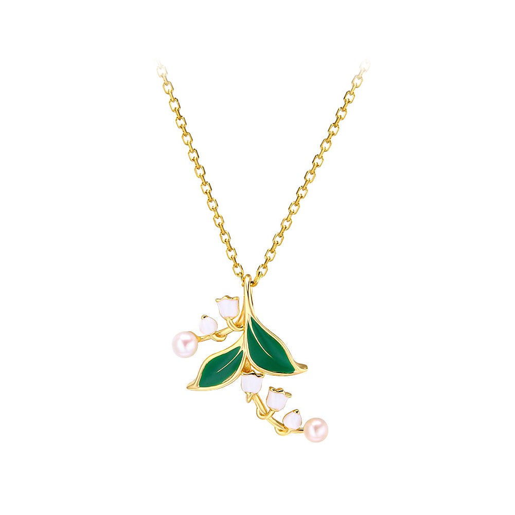 925 Sterling Silver Plated Gold Fashion and Elegant Lily-of-the-valley Leaf Pendant with Freshwater Pearls and Necklace