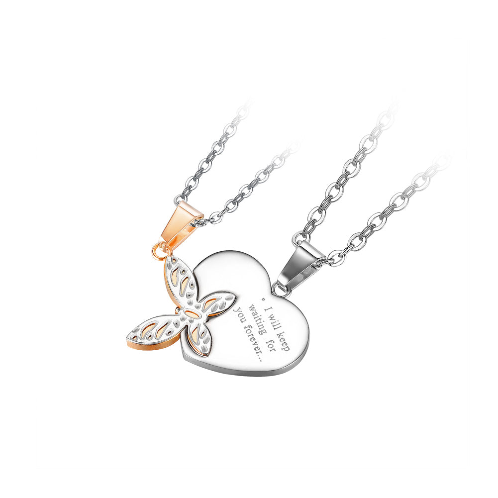 Fashion and Romantic 316L Stainless Steel Heart Shaped Rose Gold Butterfly Couple Pendant with Necklace