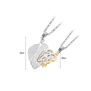 Fashion Temperament Golden Leaf Couple 316L Stainless Steel Pendant with Cubic Zirconia and Necklace
