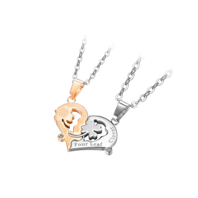 Simple and Fashion Gold Two-color Four-leafed Clover Heart-shaped Couple 316L Stainless Steel Pendant with Cubic Zirconia and Necklace