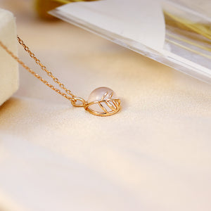 925 Sterling Silver Plated Rose Gold Fashion Simple Leaf Pink Crystal Pendant with Necklace